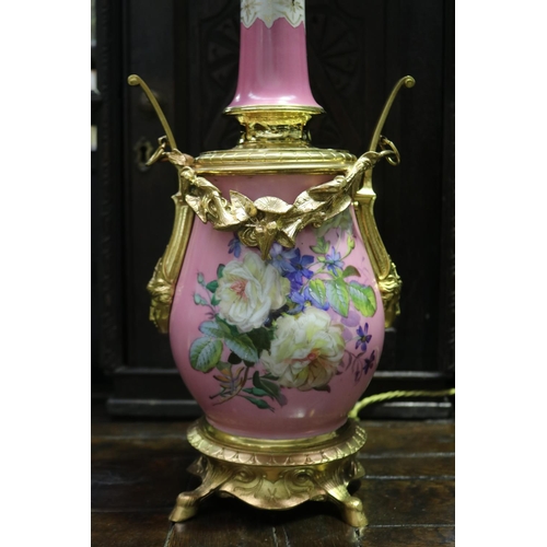 426 - Antique French pink porcelain and gilt metal mounted oil lamp, converted to electric light, untested... 