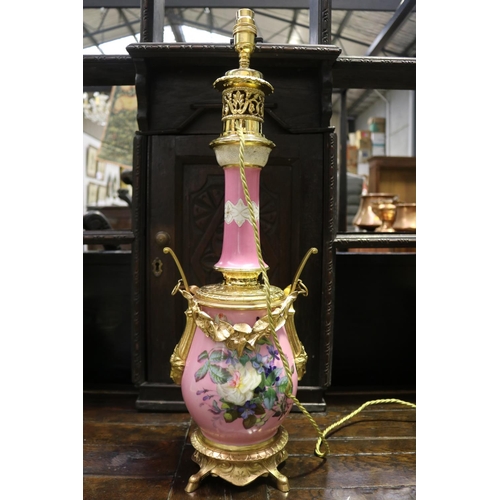 426 - Antique French pink porcelain and gilt metal mounted oil lamp, converted to electric light, untested... 