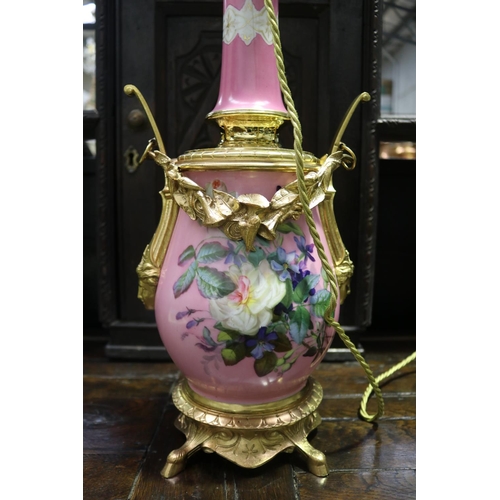 426 - Antique French pink porcelain and gilt metal mounted oil lamp, converted to electric light, untested... 