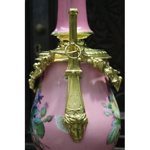 426 - Antique French pink porcelain and gilt metal mounted oil lamp, converted to electric light, untested... 