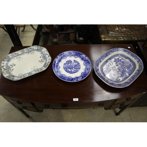 451 - Three large antique English blue & white platters, approx 46cm x 36cm and smaller (3)