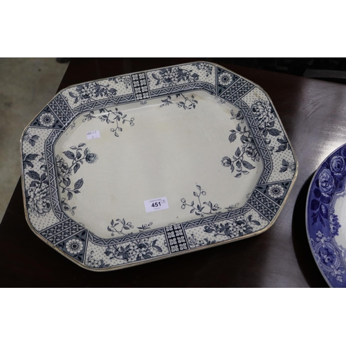 451 - Three large antique English blue & white platters, approx 46cm x 36cm and smaller (3)