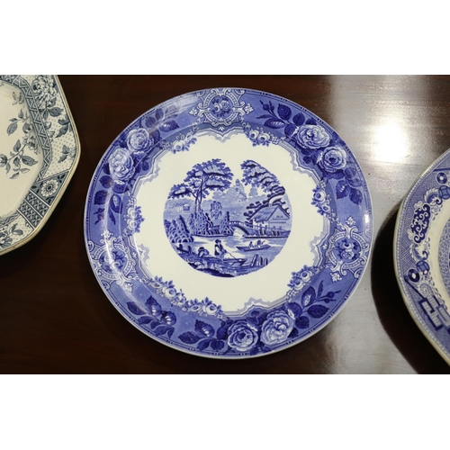 451 - Three large antique English blue & white platters, approx 46cm x 36cm and smaller (3)