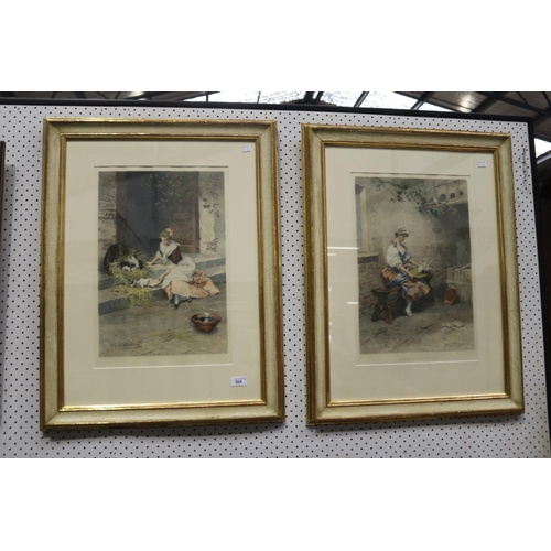 504 - Two fine antique hand coloured lithographs, titled Mes Chats & Mes Colombes, after the paintings by ... 