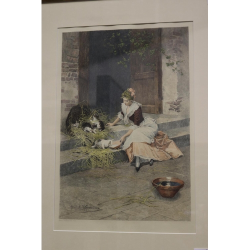 504 - Two fine antique hand coloured lithographs, titled Mes Chats & Mes Colombes, after the paintings by ... 