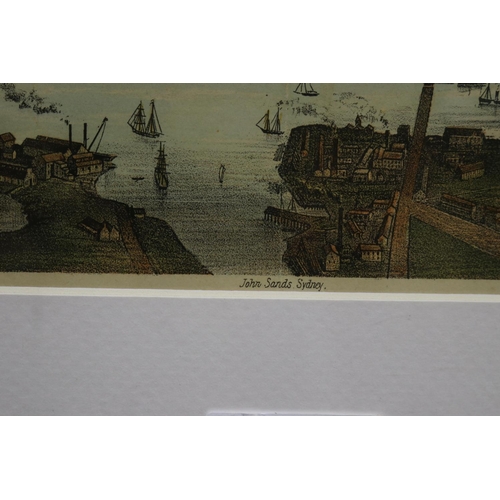 506 - Antique coloured print of early Sydney published by John Sands, 1802 Sydney etc, approx 37cm x 48cm