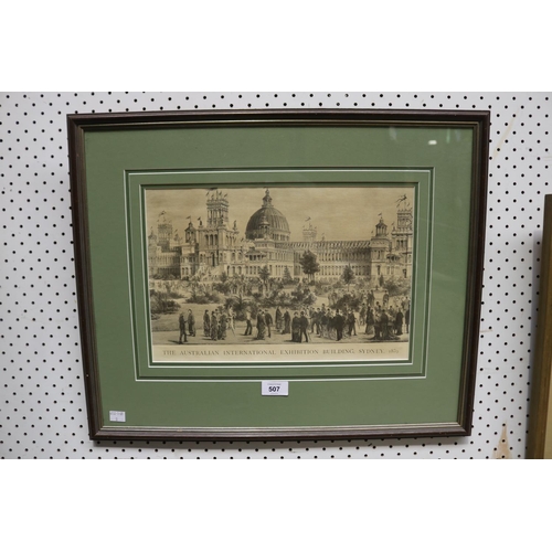 507 - Antique Engraving, The Australian International Exhibition Building Sydney 1879, approx  25cm x 37cm