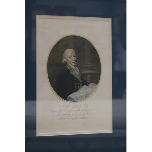 559 - Rare 18th century hand coloured engraving of Arthur Phillip, Captain, General Commander in Chief ove... 
