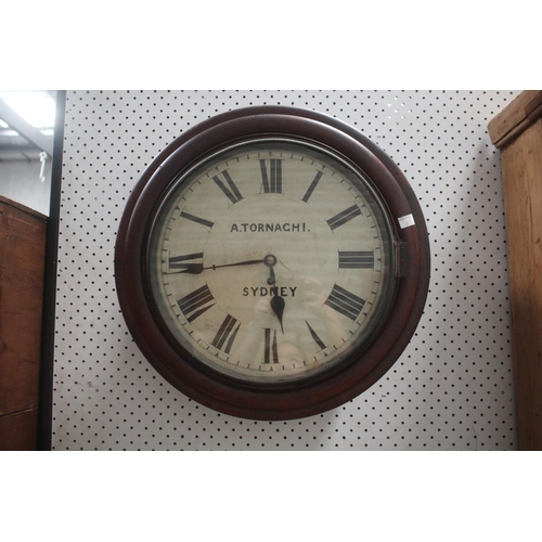 489 - Antique A Tornaghi of Sydney single fusse wall clock, untested, has pendulum but no key, approx 48cm... 