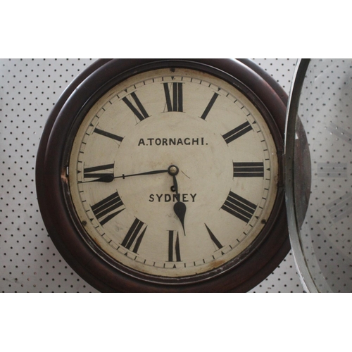 489 - Antique A Tornaghi of Sydney single fusse wall clock, untested, has pendulum but no key, approx 48cm... 