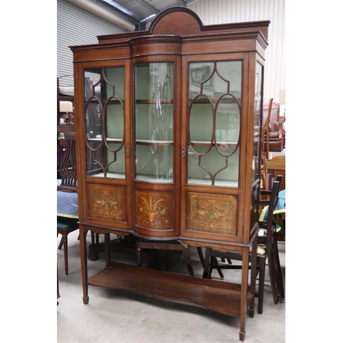 519 - Antique inlaid and painted mahogany panel bow front display cabinet (AF to glass panels), approx 207... 