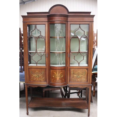 519 - Antique inlaid and painted mahogany panel bow front display cabinet (AF to glass panels), approx 207... 