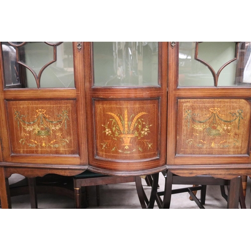 519 - Antique inlaid and painted mahogany panel bow front display cabinet (AF to glass panels), approx 207... 