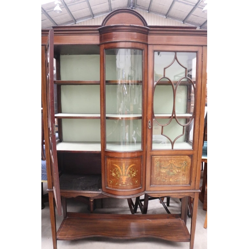 519 - Antique inlaid and painted mahogany panel bow front display cabinet (AF to glass panels), approx 207... 