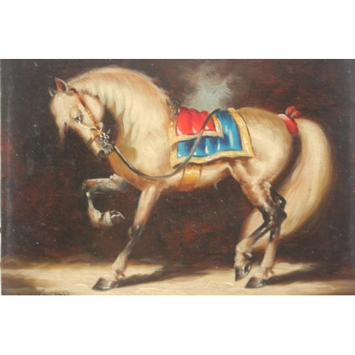 555 - L Harvey, American, Show horse, oil on canvas, signed lower left, approx 20cm x 25cm