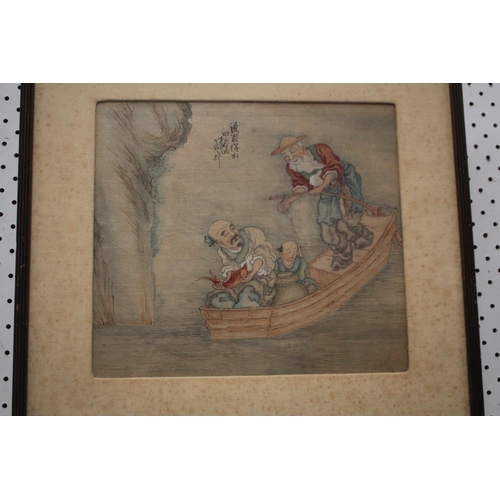 558 - Two antique Oriental paintings on silk, one of a rocky mountain with fishing boat, the other of a fi... 