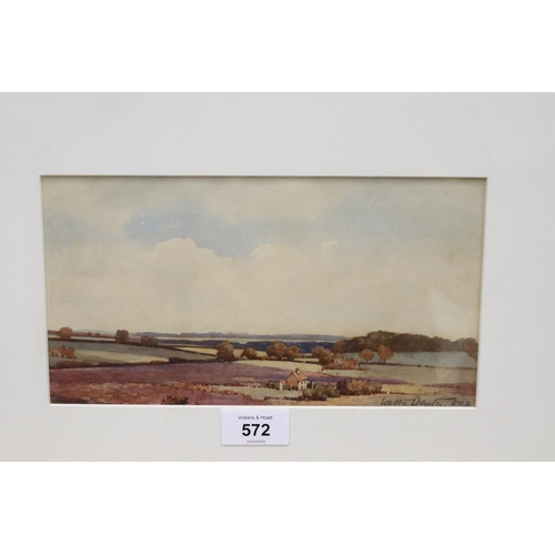 572 - Unknown, watercolour, rural vista, signed lower right, approx 13cm x 24cm