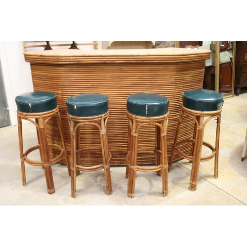 457 - Vintage rattan cane cocktail bar & four stools with green upholstery, ex Napperby Station NT, approx... 