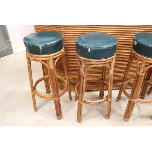 457 - Vintage rattan cane cocktail bar & four stools with green upholstery, ex Napperby Station NT, approx... 