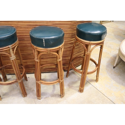 457 - Vintage rattan cane cocktail bar & four stools with green upholstery, ex Napperby Station NT, approx... 