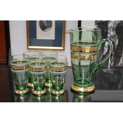 458 - Vintage green glass with white and gold stripe lemonade drinks set, comprising jug and five glasses,... 