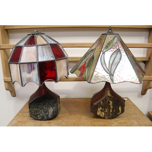 460 - Two similar lead light Tiffany style shade lamps with block of wood base, untested, approx 53cm H an... 