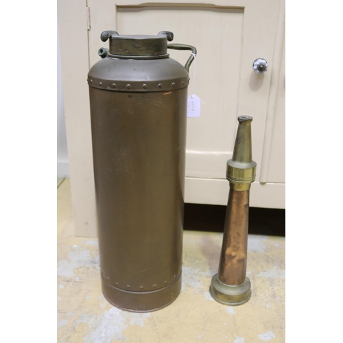 462 - Old copper and brass fire extinguisher, along with a fireman's copper and brass fire hose nozzle, ap... 