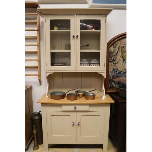 463 - Painted pine two height dresser, glazed two door top, all with blue and white China pulls  approx 20... 