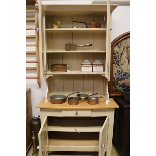 463 - Painted pine two height dresser, glazed two door top, all with blue and white China pulls  approx 20... 