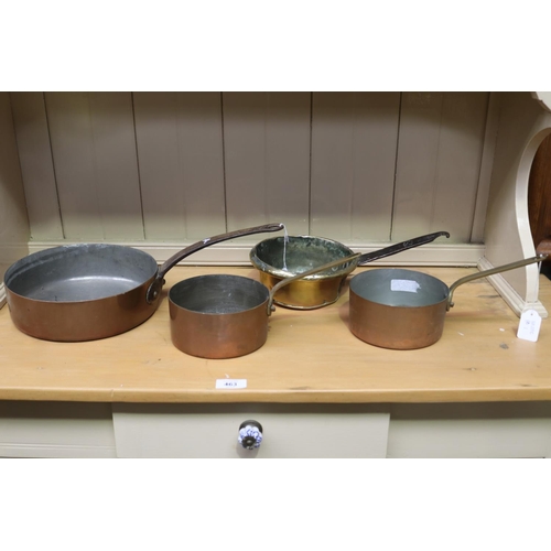 464 - Antique French copper fry pan and two smaller saucepans along with a brass pan, approx 23cm Dia excl... 