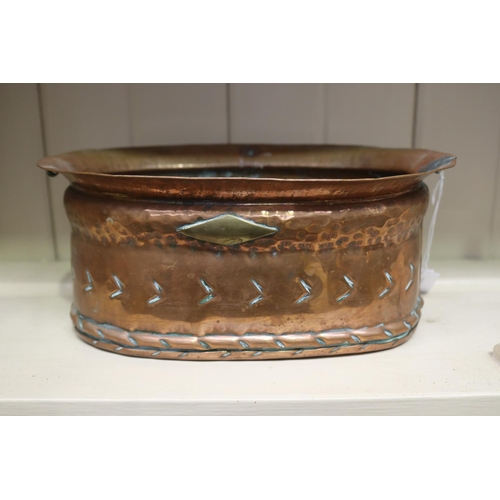 466 - Antique beaten and pressed pattern copper and brass jardiniere, approx 10cm H x 24cm W x 16cm D