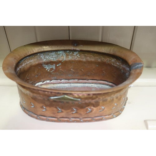 466 - Antique beaten and pressed pattern copper and brass jardiniere, approx 10cm H x 24cm W x 16cm D