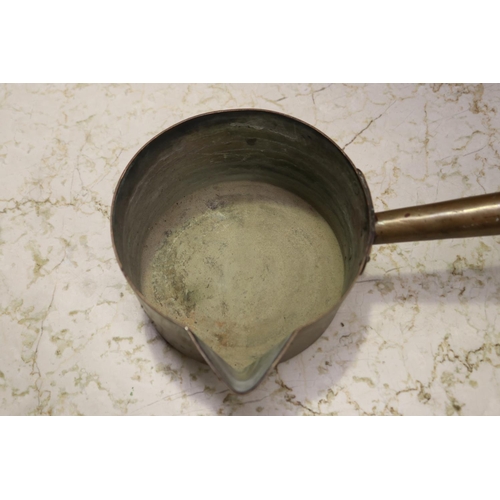 467 - Antique French copper spout saucepan, approx 9cm H x 36cm W including handle