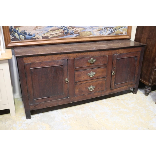 469 - Antique 18th century English Georgian oak dresser base, three central graduating drawers, flanked by... 