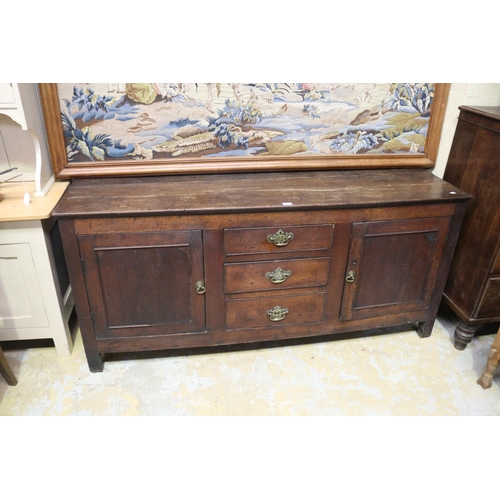 469 - Antique 18th century English Georgian oak dresser base, three central graduating drawers, flanked by... 