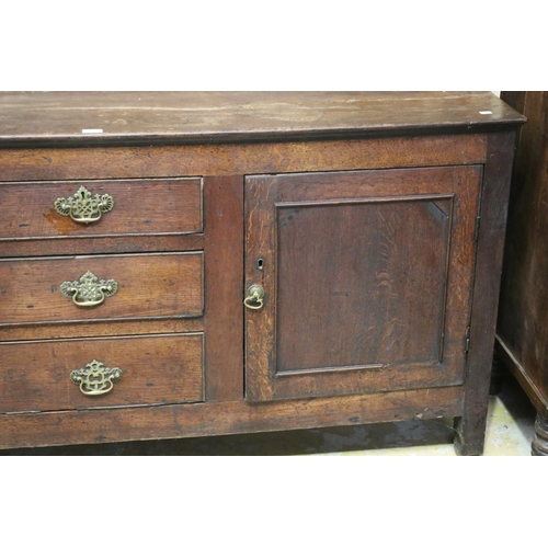 469 - Antique 18th century English Georgian oak dresser base, three central graduating drawers, flanked by... 