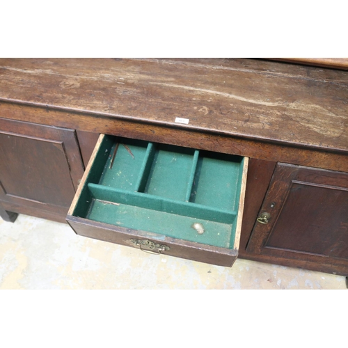 469 - Antique 18th century English Georgian oak dresser base, three central graduating drawers, flanked by... 