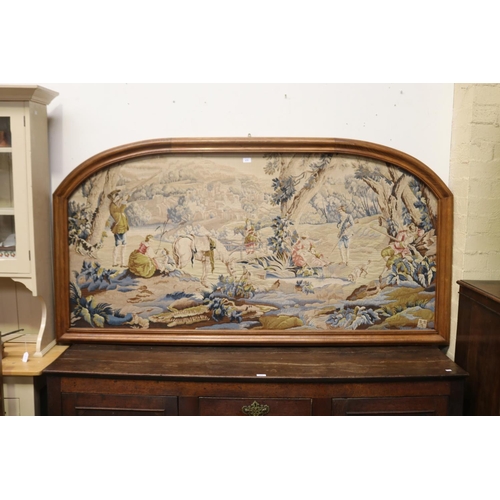470 - Large French arched oak framed tapestry, showing hunting party, approx 103cm H x 200cm W
