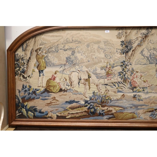 470 - Large French arched oak framed tapestry, showing hunting party, approx 103cm H x 200cm W