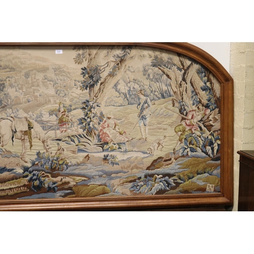 470 - Large French arched oak framed tapestry, showing hunting party, approx 103cm H x 200cm W