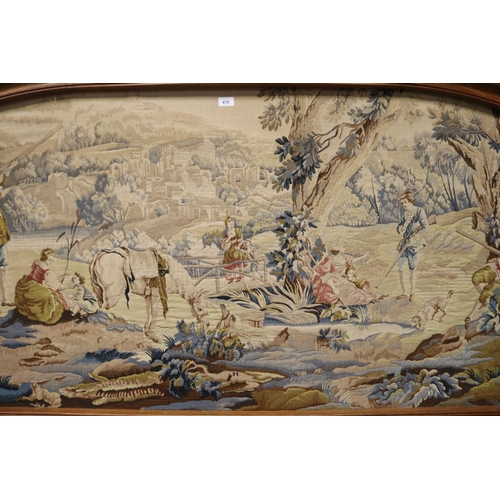 470 - Large French arched oak framed tapestry, showing hunting party, approx 103cm H x 200cm W