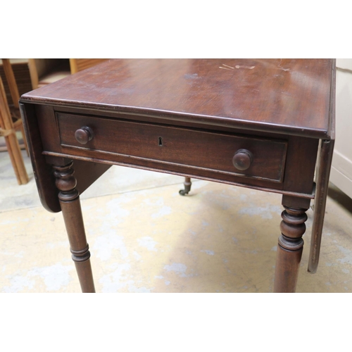 495 - Antique Regency mahogany Pembroke table, multi ring turned legs, approx 71cm H x 91cm W x 108cm D wi... 