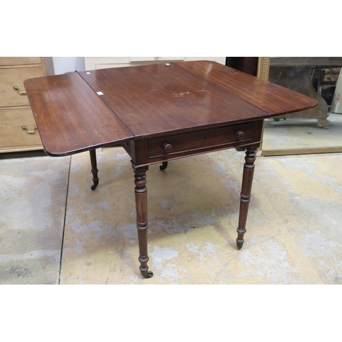 495 - Antique Regency mahogany Pembroke table, multi ring turned legs, approx 71cm H x 91cm W x 108cm D wi... 