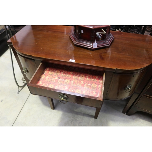 445 - Antique English mahogany bow front sideboard, with ebony stringing, standing on square tapering legs... 