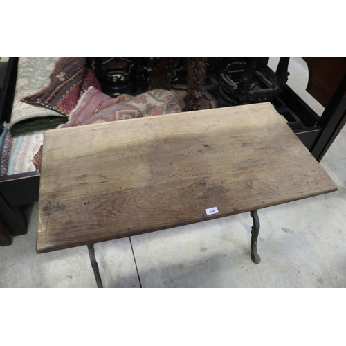 540 - Antique French bistro table with wooden top & black painted iron frame, approx 73cm H x 100cm W x 52... 