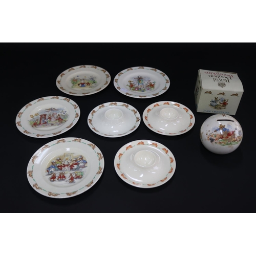 5152 - Royal Doulton, Bunnykins Money box, egg dishes, saucers, approx 16.5cm Dia & smaller