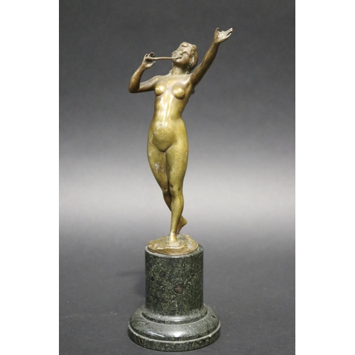 Fine antique bronze of a nude female flute player, mounted to a turned marble pedestal, signed indistinctly at base  approx 25cm H including base