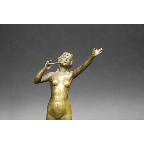 357 - Fine antique bronze of a nude female flute player, mounted to a turned marble pedestal, signed indis... 