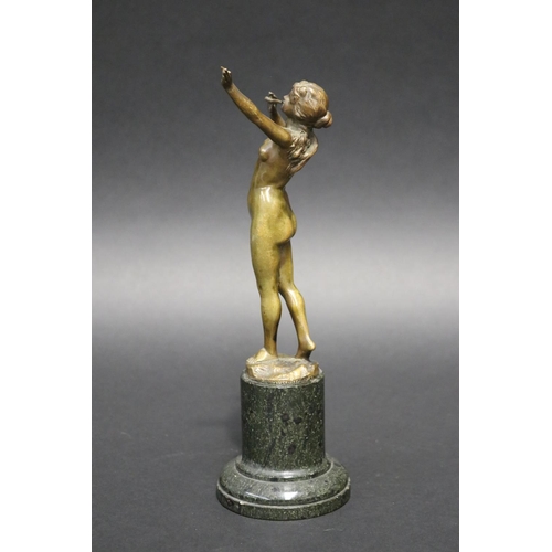 357 - Fine antique bronze of a nude female flute player, mounted to a turned marble pedestal, signed indis... 