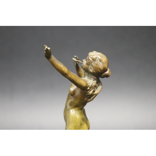 357 - Fine antique bronze of a nude female flute player, mounted to a turned marble pedestal, signed indis... 